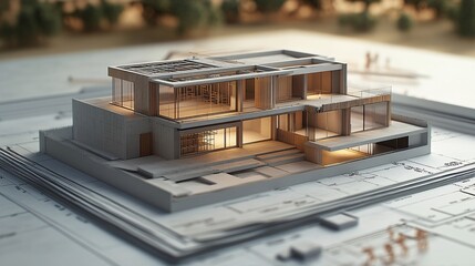 Wall Mural - Architectural Model of Modern House on Blueprints