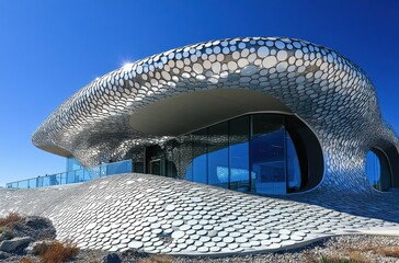 Poster - Innovative Architectural Design Featuring Curved Shapes and Unique Patterns Under Bright Blue Skies, Showcasing Modern Aesthetic and Sustainable Building Techniques