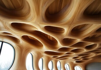 Poster - Innovative Wooden Ceiling Design Featuring Organic Shaped Patterns and Natural Grain Textures in Modern Architecture Setting