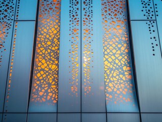 Poster - Intricate Architectural Facade with Abstract Patterns Illuminated by Sunset Glow, Showcasing Modern Design Elements and Textural Details on a Contemporary Building Surface