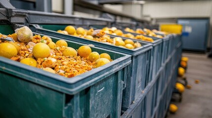 overflowing bins filled with discarded citrus fruits in a processing facility, showcasing waste mana