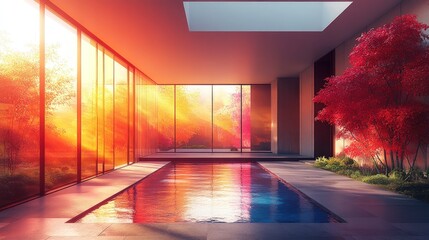 Wall Mural - Modern indoor pool, autumnal sunset view.