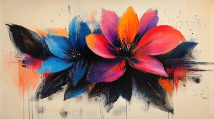 Wall Mural - Vibrant abstract floral painting, bold colors.