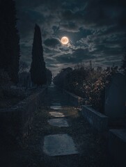 Wall Mural - Cemetery at Night with Full Moon