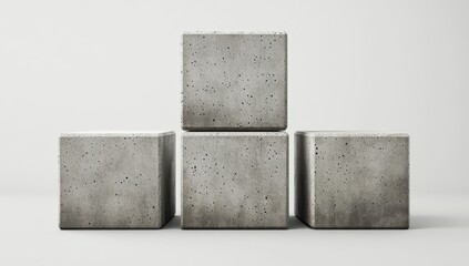 Poster - Three Modern Concrete Cube Blocks Stacked on a Minimalist White Background Showcasing Industrial Design and Contemporary Aesthetic Appeal for Architectural Projects
