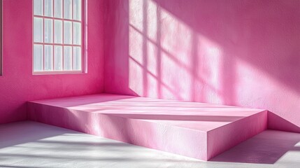 Wall Mural - Pink room corner, platform, window light, sunny, empty space for product display