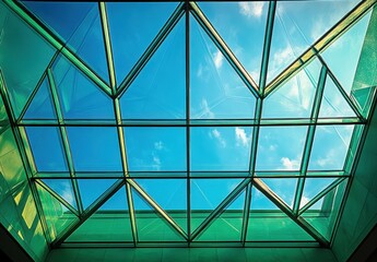 Poster - Unique Geometric Glass Ceiling with Triangular Patterns Showcasing Clear Blue Sky and Clouds in a Modern Architectural Design Environment