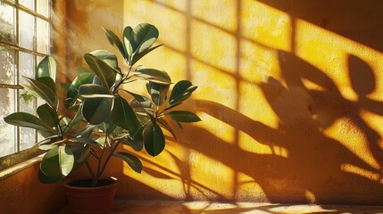 Wall Mural - Potted plant by sunny window, shadows on yellow wall