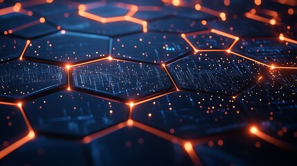 A hexagonal grid pattern with glowing orange edges on a dark background. Abstract digital technology and cyber network concept. 
