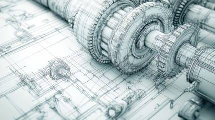 Poster - Complex Gear Mechanism Resting Upon Engineering Blueprint