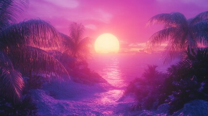 Wall Mural - Sunset over ocean with palm trees