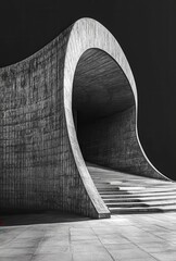 Poster - Modern Architectural Design Featuring a Dramatic Curved Entrance and Steps in Black and White, Highlighting Textures and Lines for Contemporary Aesthetic Appeal