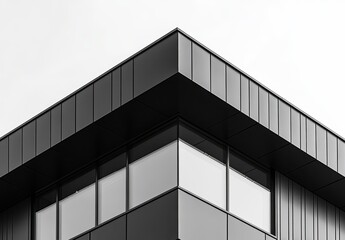 Poster - Modern Architectural Design Featuring a Sleek Black Facade with Sharp Lines and Angular Shapes Against a Bright Overcast Sky