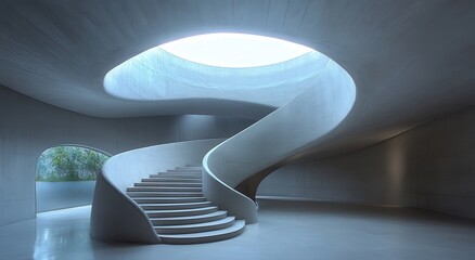 Poster - Modern architectural design featuring a spiral staircase that elegantly ascends under a circular skylight surrounded by minimalistic interior elements and soft lighting