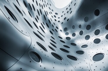 Poster - Modern Architectural Design Featuring Abstract Shape with Curved Surfaces and Punctuated Holes in a Metallic Building Structure