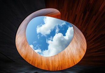 Poster - Modern Architectural Design Featuring an Oval Opening Framed by Wooden Interior and Blue Sky with Fluffy Clouds, Creating a Unique Perspective of Nature