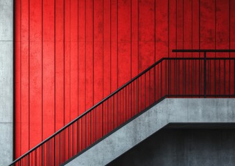 Poster - Modern Architectural Design Featuring Bold Red Wall and Concrete Staircase in Minimalist Style, Emphasizing Lines, Textures, and Color Contrast