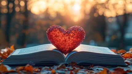 Wall Mural - Red heart on open book in autumn park at sunset