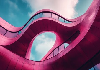 Poster - Modern Architectural Design Featuring Curved Forms and Vibrant Colors Against a Blue Sky for Creative and Inspirational Conceptual Projects