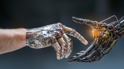 Poster - Artificial intelligence reaching for humanity's soul futuristic laboratory digital art sci-fi environment close-up connection