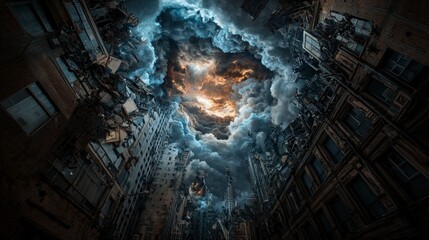 Aufkleber - Bending space in a city of chaos surreal urban landscape apocalyptic setting dramatic perspective visual art