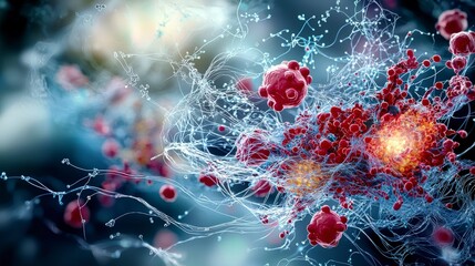 Fototapete - Tiny bioparticles communicating in a complex environment scientific illustration visual concept of molecular interactions
