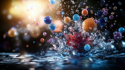 Poster - Dynamic splash of conscious particles in water abstract art scene colorful elements close-up conceptual visuals