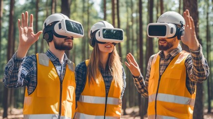 Aufkleber - Workers wearing virtual reality headsets in a forest