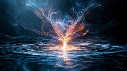 Poster - Dancing waves of light create vibrant sound representation in a mystical water environment