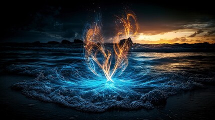 Aufkleber - Dancing waves of light and sound beach sunset digital art serene environment vibrant viewpoint emotional concept