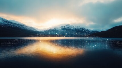 Poster - Digital Network Over Calm Mountain Lake Sunset