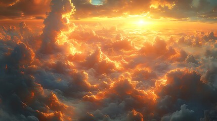 Wall Mural - aerial sunset cloudscape, fiery orange hues, above clouds, dramatic lighting, inspirational backgrou