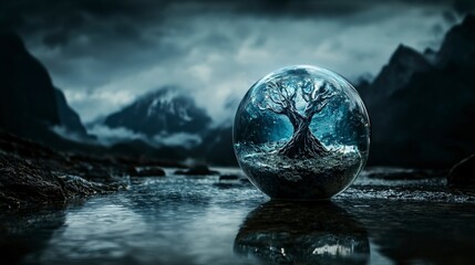 Poster - Ethereal tree in glass sphere nature landscape surreal art mystic environment low angle changing memories