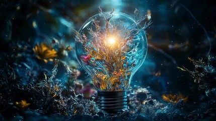 Poster - Illuminating nature's beauty a captivating light bulb displaying flora abstract art underwater wonderland artistic view