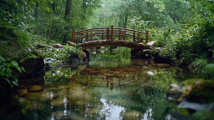 Poster - Tranquil wooden bridge over serene stream lush forest nature scene peaceful atmosphere captivating viewpoint meaningful space