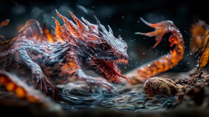 Poster - Dynamic lighting and dramatic perspective a shapeshifting dragon's mythical journey in an enchanted forest