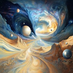Poster - Cosmic journey through spacetime fabric celestial landscape digital art surreal environment abstract viewpoint