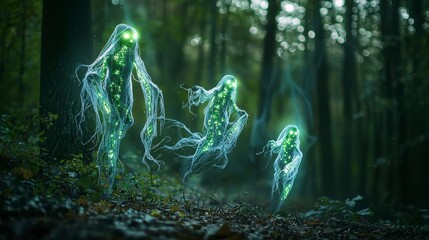 Aufkleber - Ethereal glowing spirits of the forest enchanted woods fantasy art mystical atmosphere close-up nature's wonders