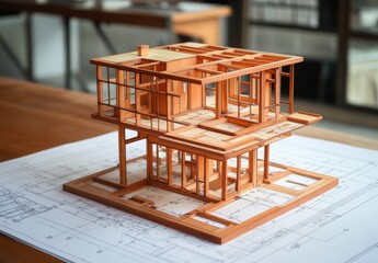 Aufkleber - Intricate Wooden Architectural Model Displaying an Open-Concept Layout with Clear Glass Panels Over a Detailed Blueprint
