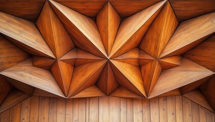 Poster - Intricate Wooden Ceiling Design Featuring Geometric Star Patterns and Textured Surfaces in Warm Tones for Creative Architectural Inspiration