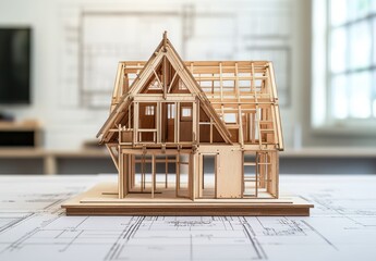 Poster - Intricate Wooden Model House on Architectural Blueprints Presenting a Contemporary Design Approach in Home Construction and Planning