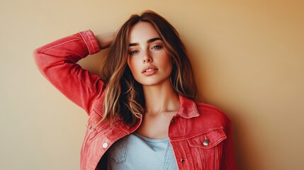 Poster - Young Woman Posing in Red Denim Jacket Against Beige Wall