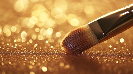 Poster - Golden Glitter Background With Makeup Brush