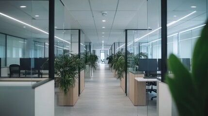 Aufkleber - Modern Office Corridor with Glass Walls and Plants