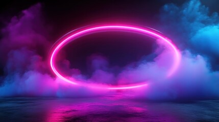 Poster - Pink Neon Oval Ring in Purple and Blue Smoke
