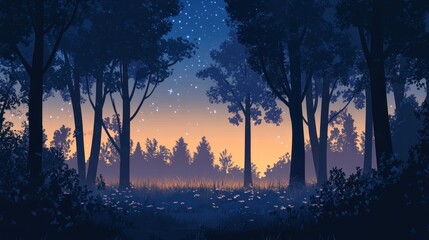 Poster - Serene Twilight Forest Scene Under Starry Sky