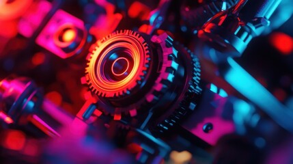 Poster - Vibrant Illuminated Gears in Complex Machinery