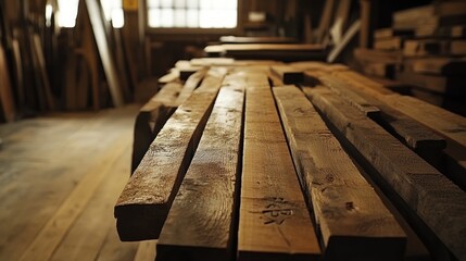 Poster - Aged Wooden Planks Stacked In A Workshop
