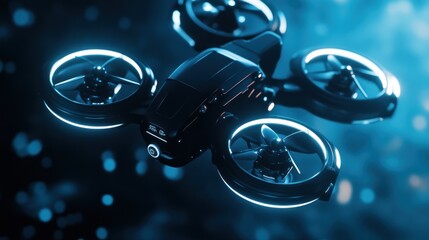 Aufkleber - Futuristic Black Drone with Glowing Propellers in Flight