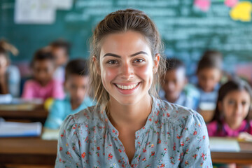 Portrait of a beautiful young teacher smiling with her elementary school students in the background